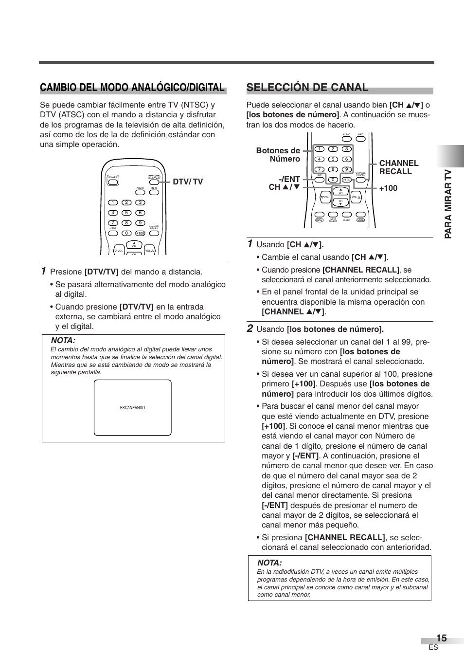 Cambio del modo analógico/digital, Selección de canal, Para mirar tv | Dtv/ tv | FUNAI CR272IL8 User Manual | Page 53 / 76
