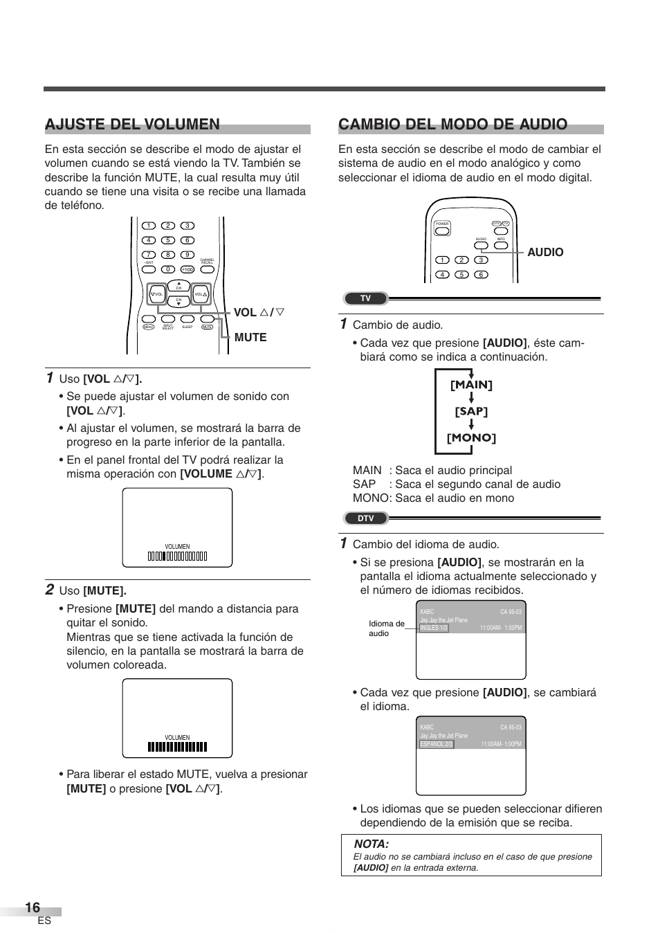 Ajuste del volumen, Cambio del modo de audio, Mute vol x / y | Audio | FUNAI CR272IL8 User Manual | Page 54 / 76