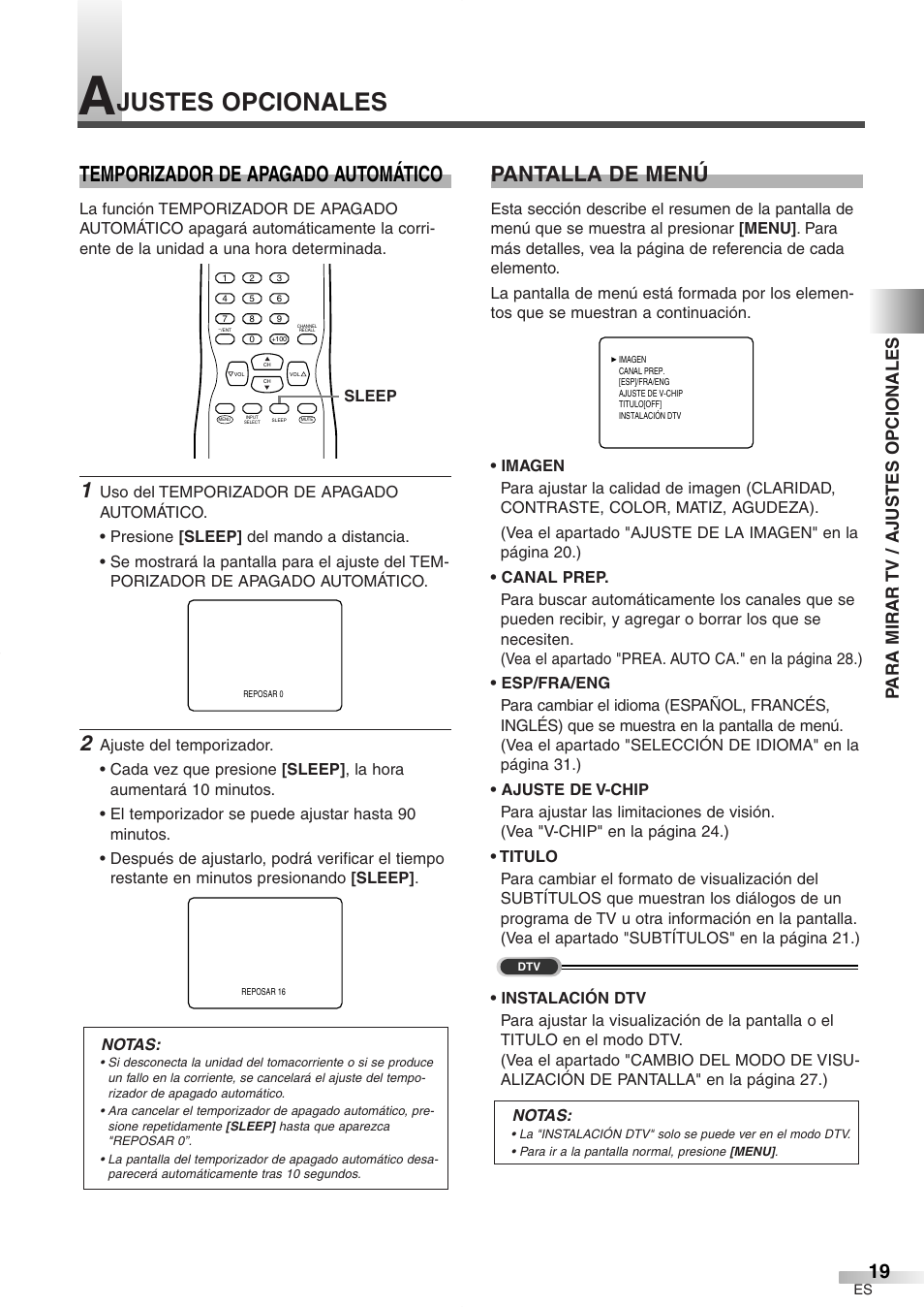 Justes opcionales, Temporizador de apagado automático, Pantalla de menú | Para mirar tv / ajustes opcionales | FUNAI CR272IL8 User Manual | Page 57 / 76