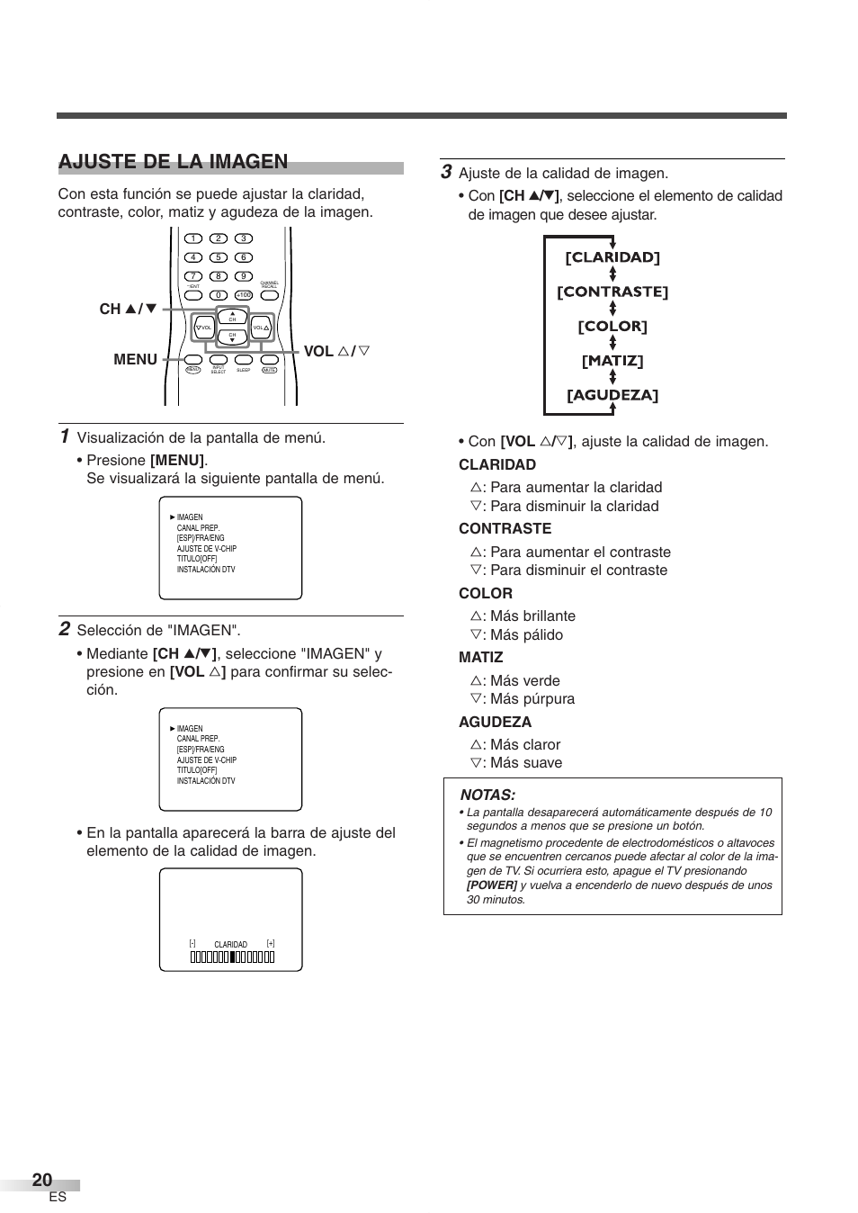 Ajuste de la imagen, Menu ch k / l vol x / y | FUNAI CR272IL8 User Manual | Page 58 / 76