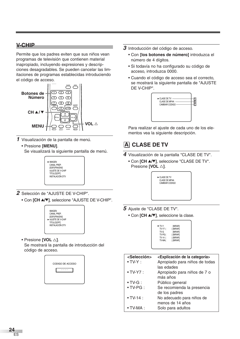 V-chip, A clase de tv, Botones de número menu ch k / l vol x | FUNAI CR272IL8 User Manual | Page 62 / 76