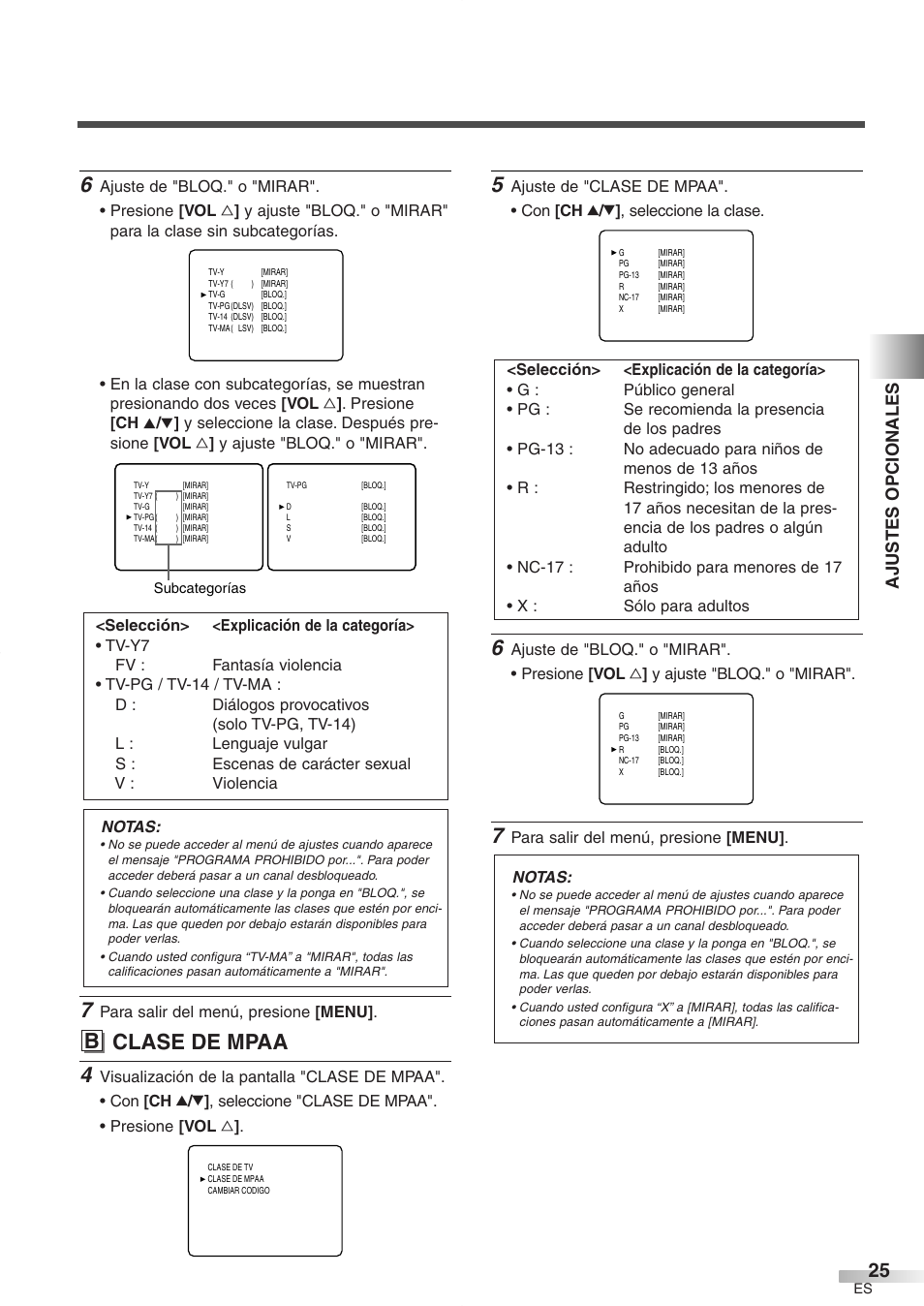 B clase de mpaa, Ajustes opcionales | FUNAI CR272IL8 User Manual | Page 63 / 76