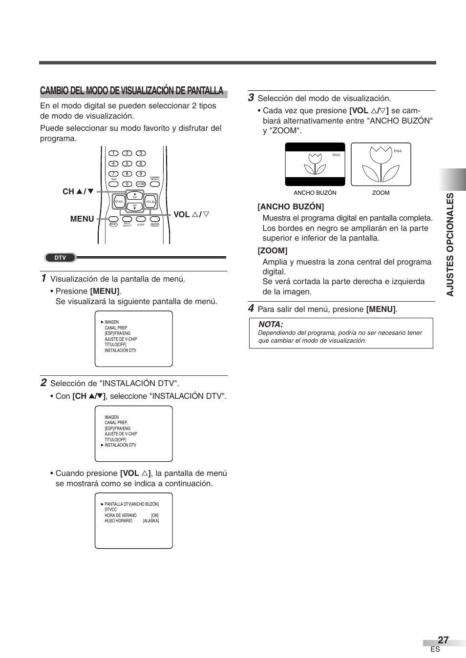 Cambio del modo de visualización de pantalla, Ajustes opcionales, Menu ch k / l vol x / y | Para salir del menú, presione [menu] . nota | FUNAI CR272IL8 User Manual | Page 65 / 76