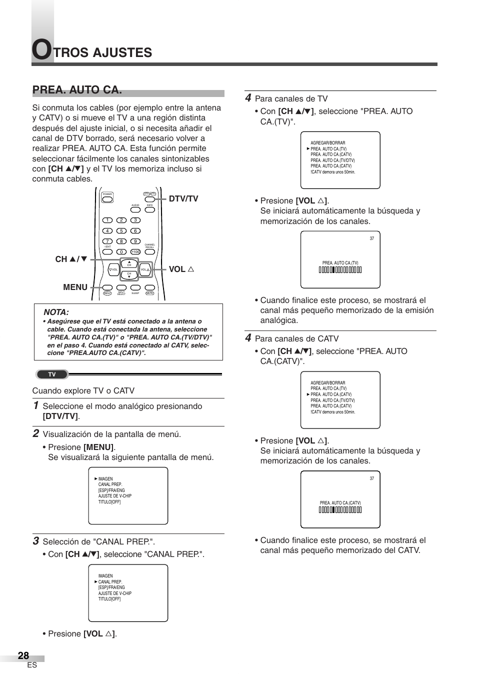 Tros ajustes, Prea. auto ca, Seleccione el modo analógico presionando [dtv/tv | Nota, Vol x dtv/tv menu ch k / l | FUNAI CR272IL8 User Manual | Page 66 / 76