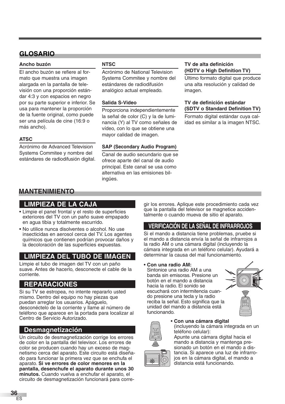 Limpieza de la caja, Limpieza del tubo de imagen, Reparaciones | Desmagnetización, Mantenimiento glosario, Verificación de la señal de infrarrojos | FUNAI CR272IL8 User Manual | Page 74 / 76