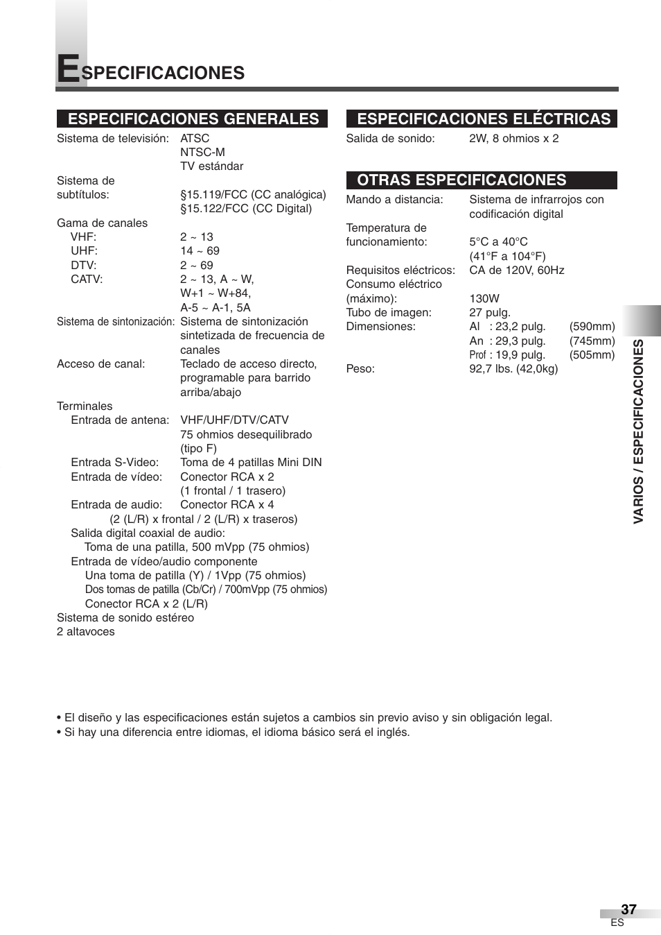 Specificaciones, Especificaciones generales, Especificaciones eléctricas | Otras especificaciones | FUNAI CR272IL8 User Manual | Page 75 / 76