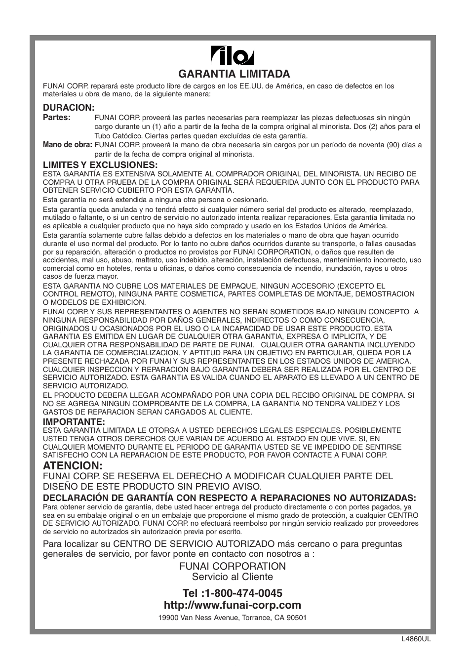 Garantia limitada, Atencion | FUNAI CR272IL8 User Manual | Page 76 / 76