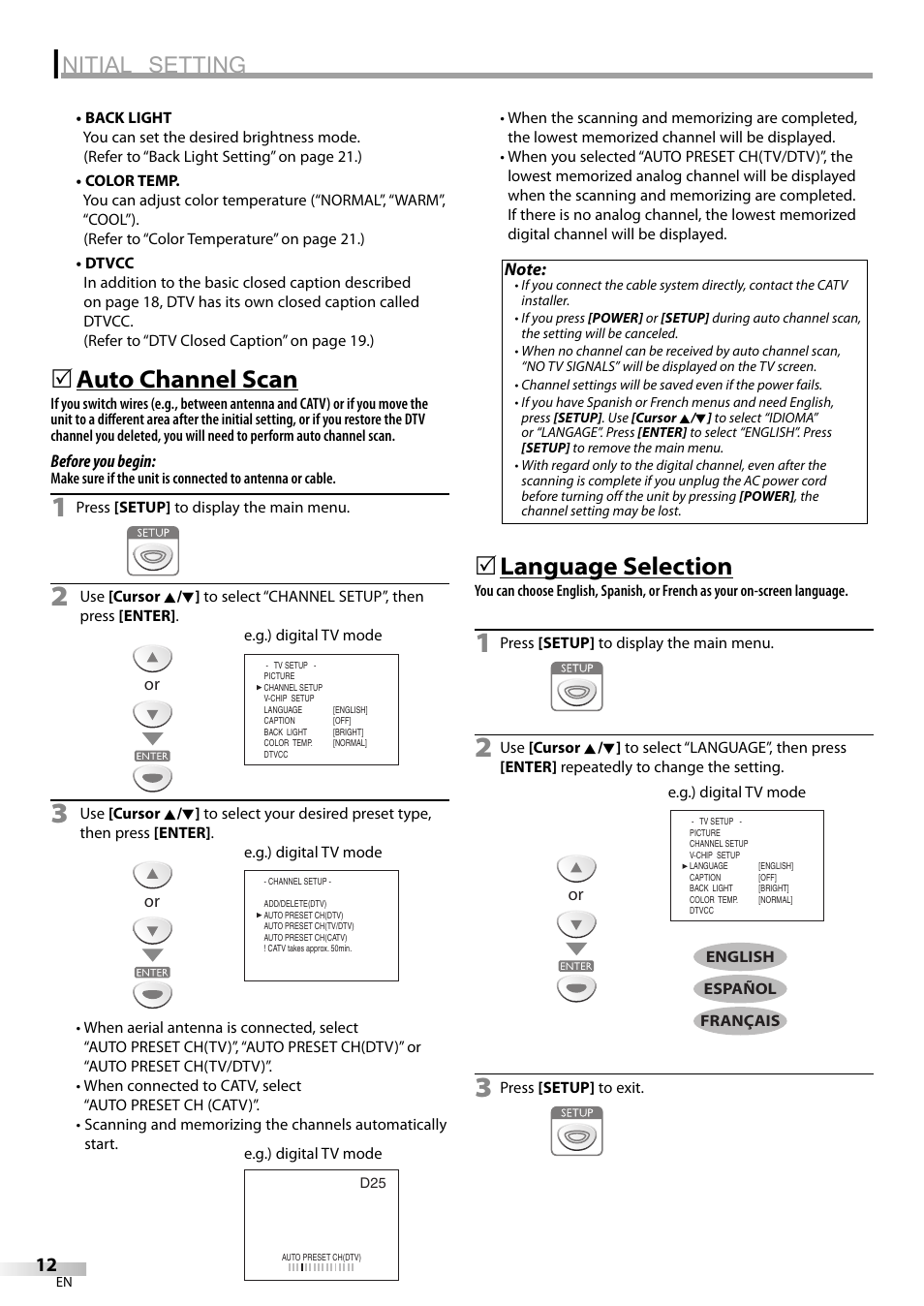 Nitial setting, Auto channel scan, Language selection | FUNAI LC200EM8G User Manual | Page 12 / 28