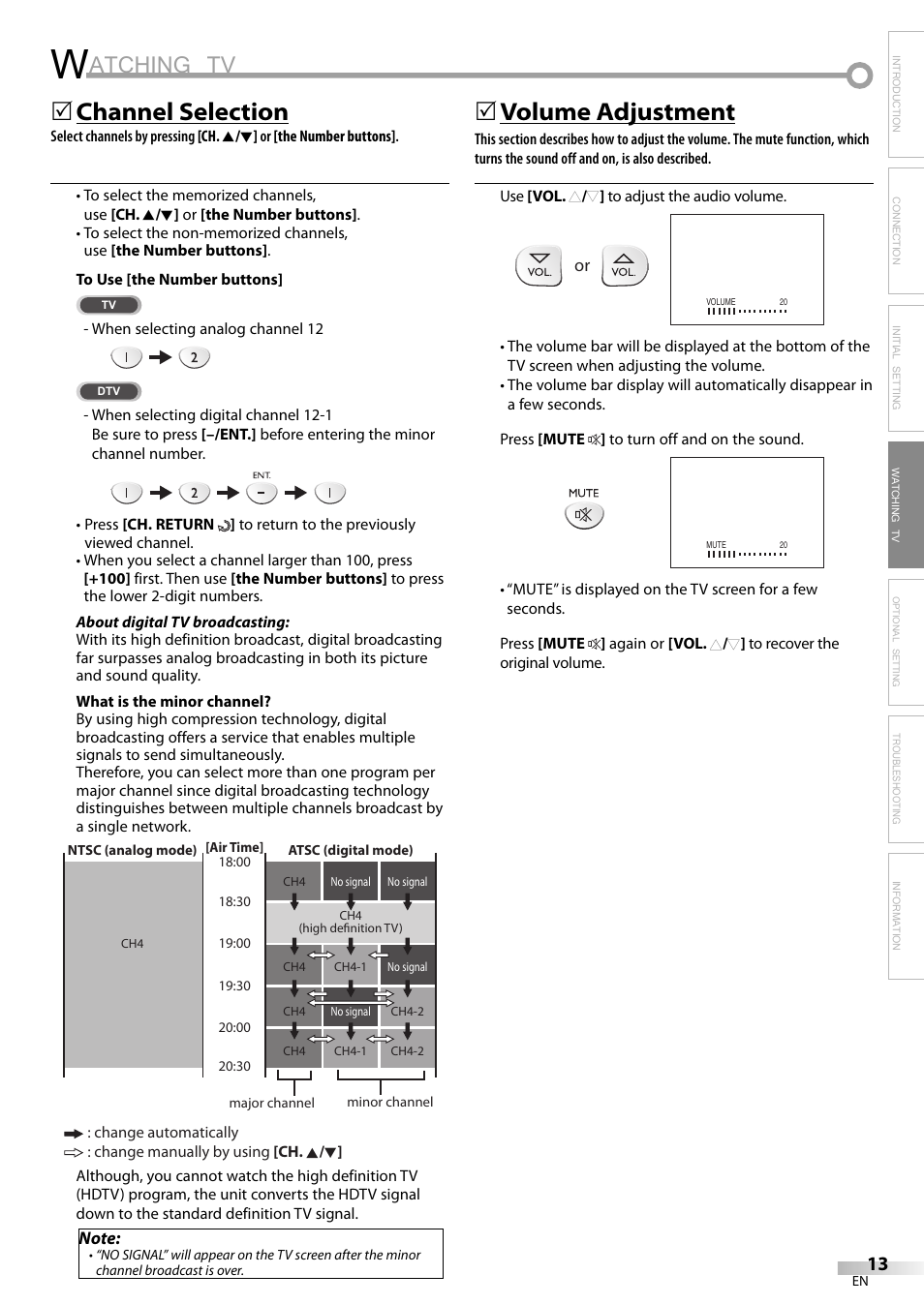 Atching tv, Channel selection, 5volume adjustment | FUNAI LC200EM8G User Manual | Page 13 / 28