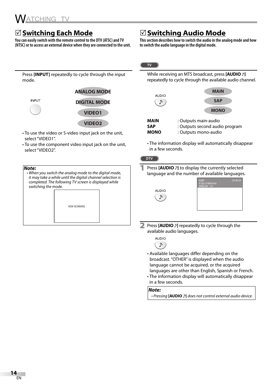 Atching tv, Switching each mode, 5switching audio mode | FUNAI LC200EM8G User Manual | Page 14 / 28