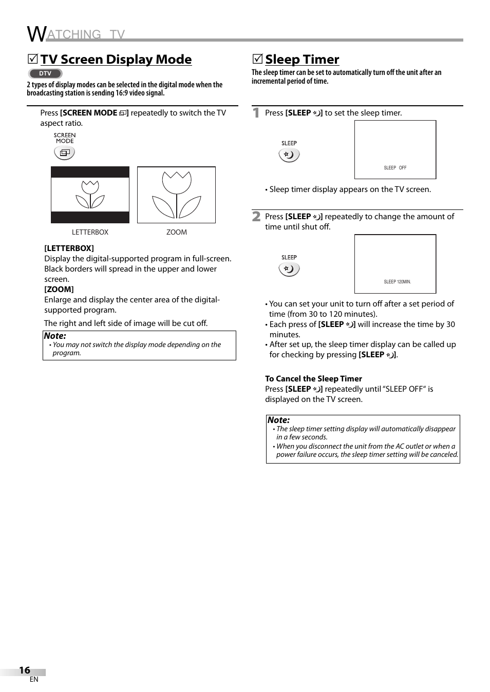 Atching tv, Tv screen display mode, 5sleep timer | FUNAI LC200EM8G User Manual | Page 16 / 28