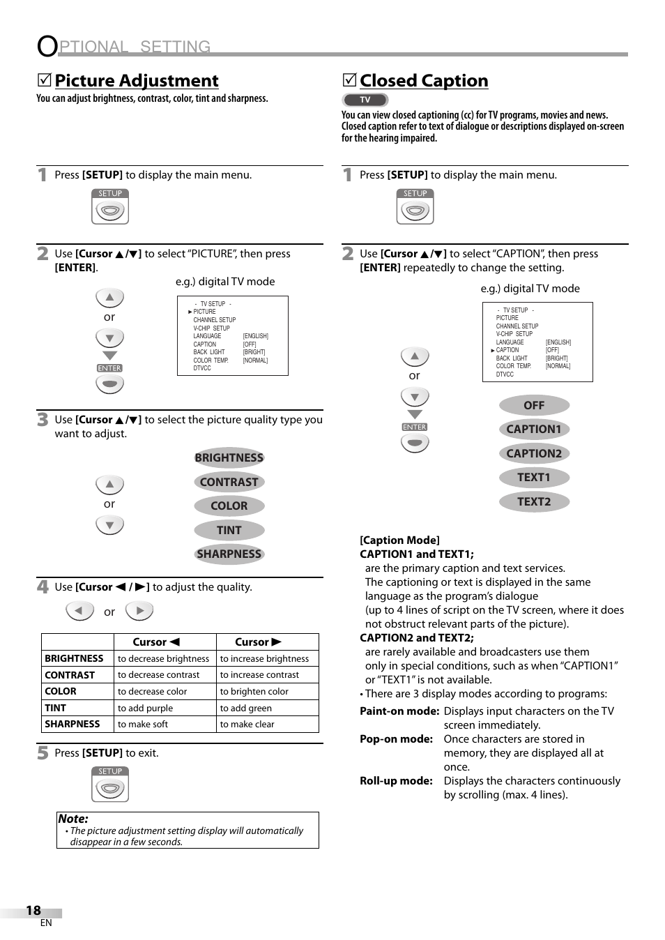Ptional setting, Picture adjustment, 5closed caption | FUNAI LC200EM8G User Manual | Page 18 / 28