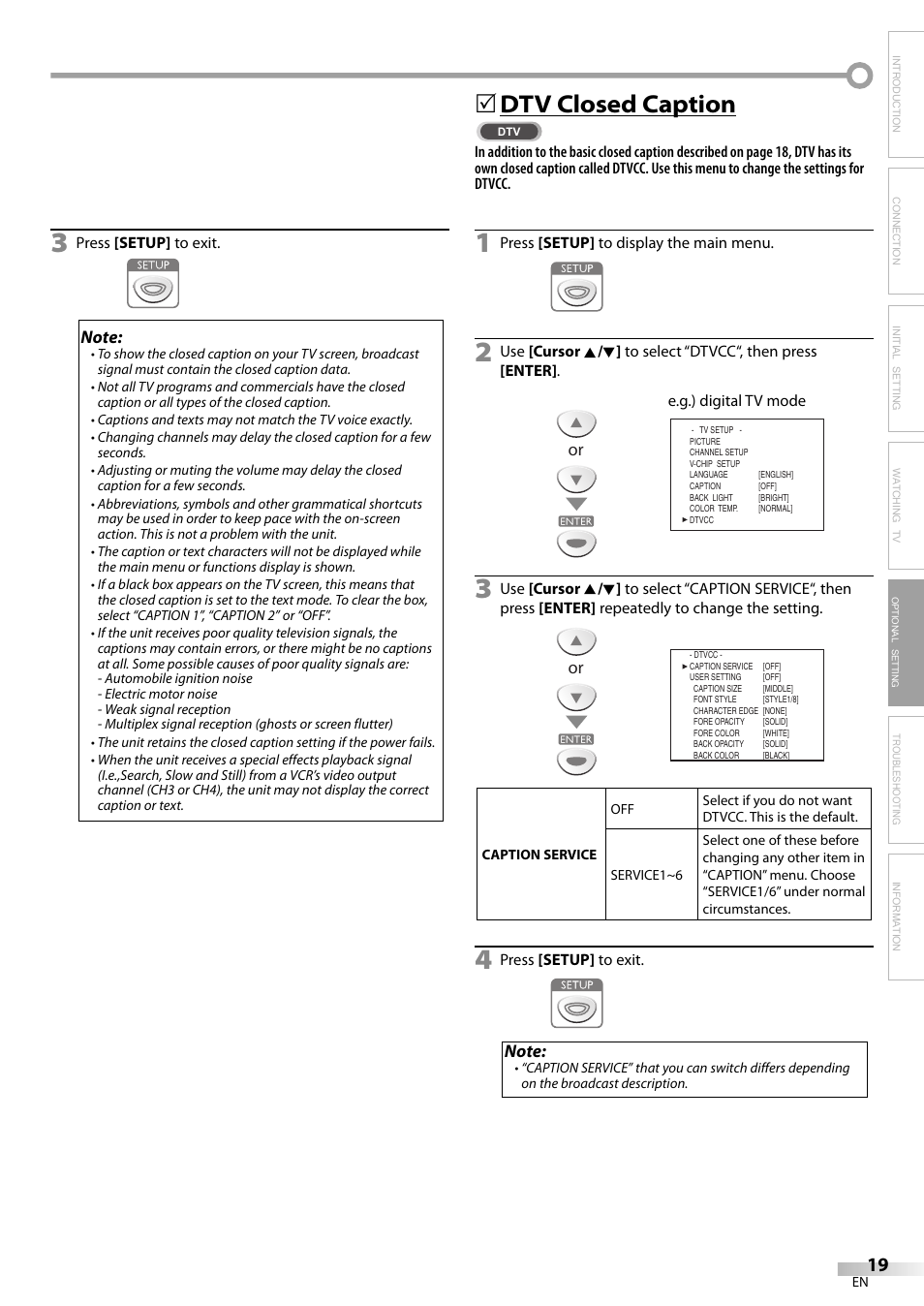 Dtv closed caption | FUNAI LC200EM8G User Manual | Page 19 / 28