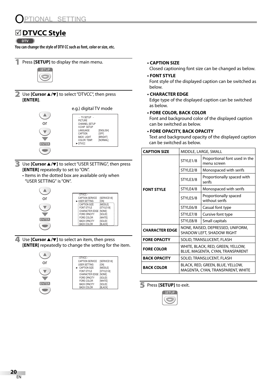 Ptional setting, Dtvcc style | FUNAI LC200EM8G User Manual | Page 20 / 28