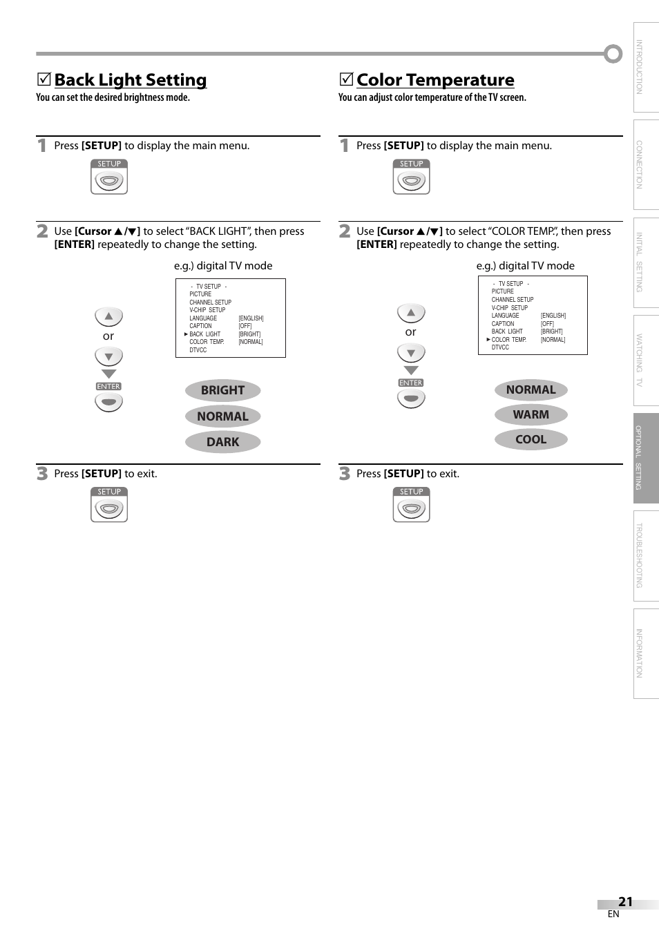 Back light setting, 5color temperature | FUNAI LC200EM8G User Manual | Page 21 / 28