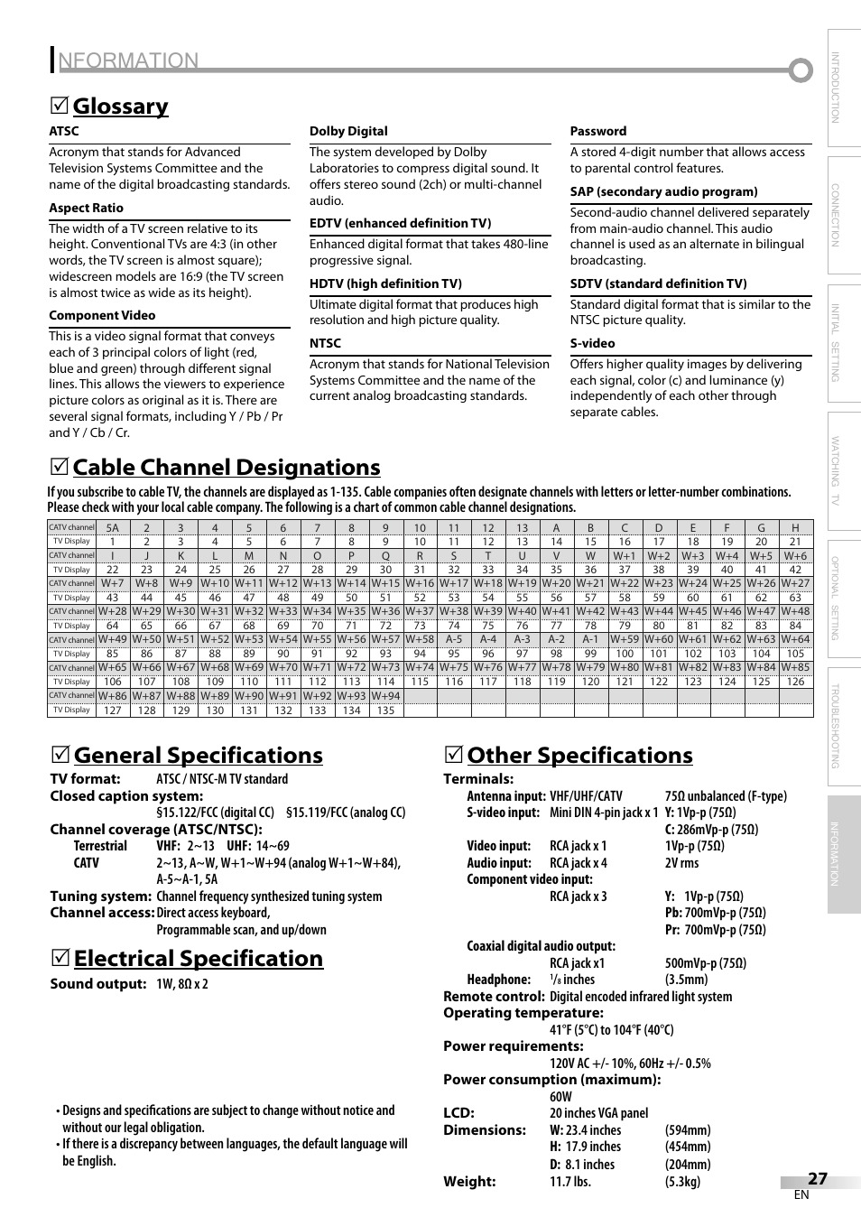 Nformation, Glossary 5, Electrical specification | 5other specifications, Troubleshooting information | FUNAI LC200EM8G User Manual | Page 27 / 28