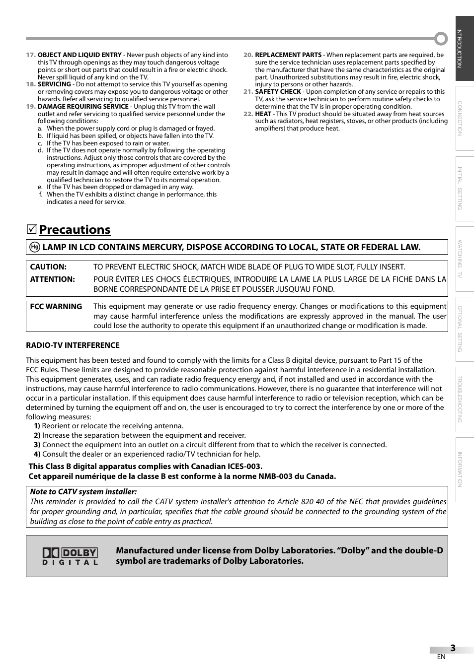 Precautions | FUNAI LC200EM8G User Manual | Page 3 / 28