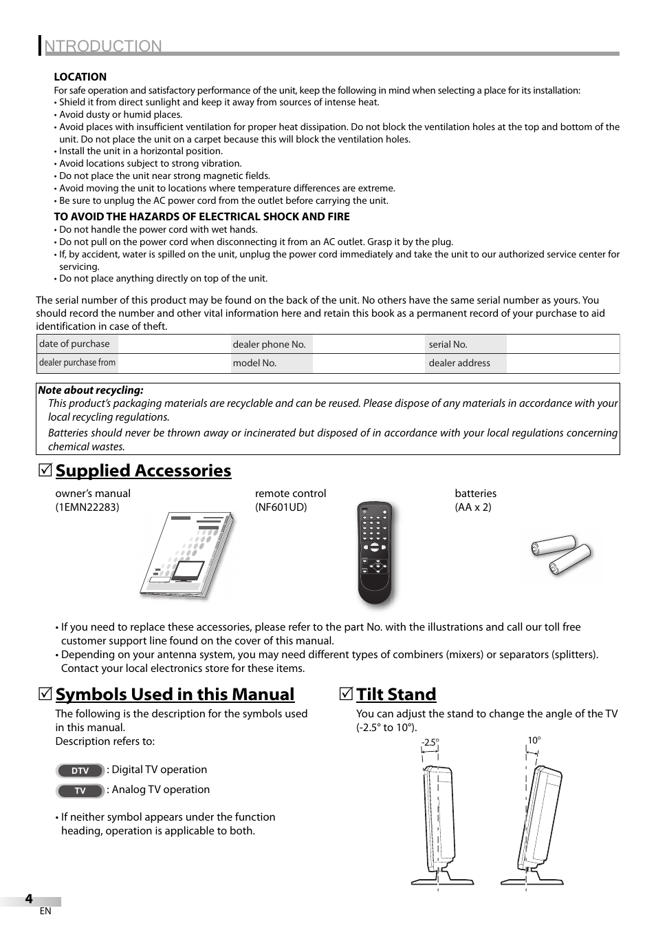 Ntroduction, Supplied accessories 5, Symbols used in this manual | Tilt stand | FUNAI LC200EM8G User Manual | Page 4 / 28