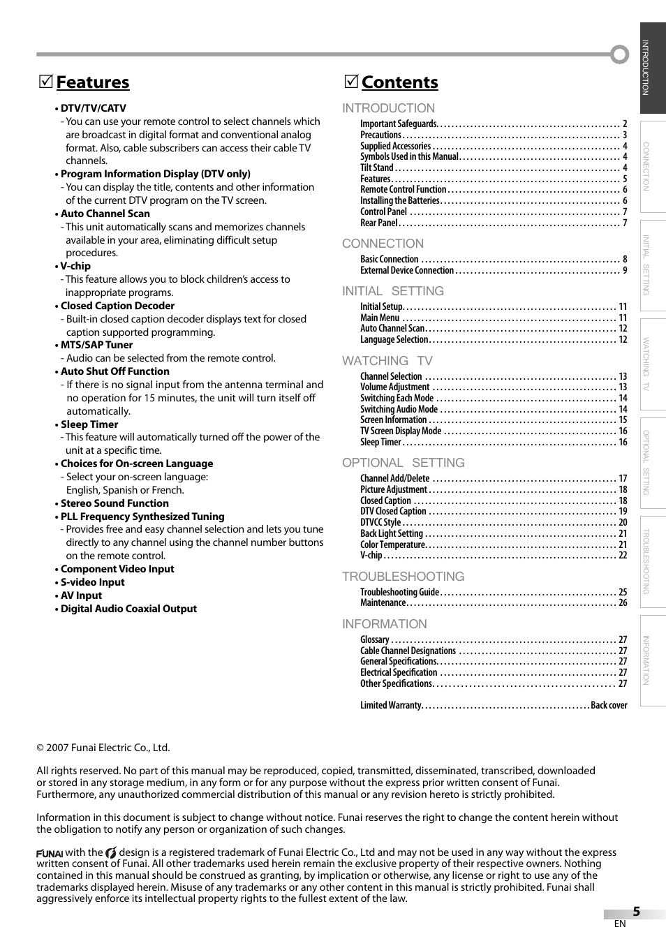 Introduction, Connection, Initial setting | Watching tv, Optional setting, Troubleshooting, Information, Contents 5, Features 5 | FUNAI LC200EM8G User Manual | Page 5 / 28