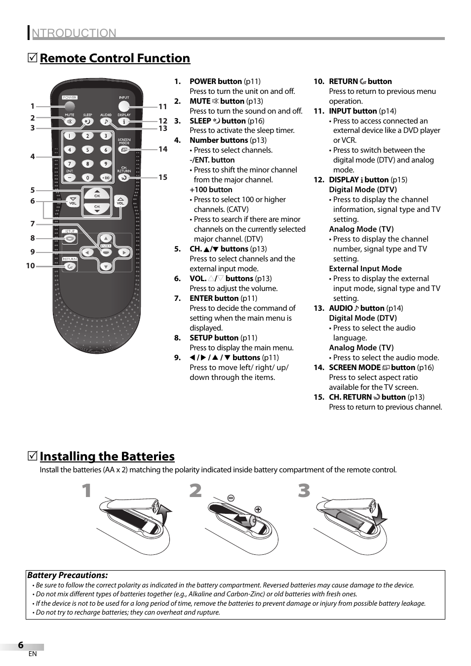 Ntroduction, Remote control function 5, Installing the batteries | FUNAI LC200EM8G User Manual | Page 6 / 28