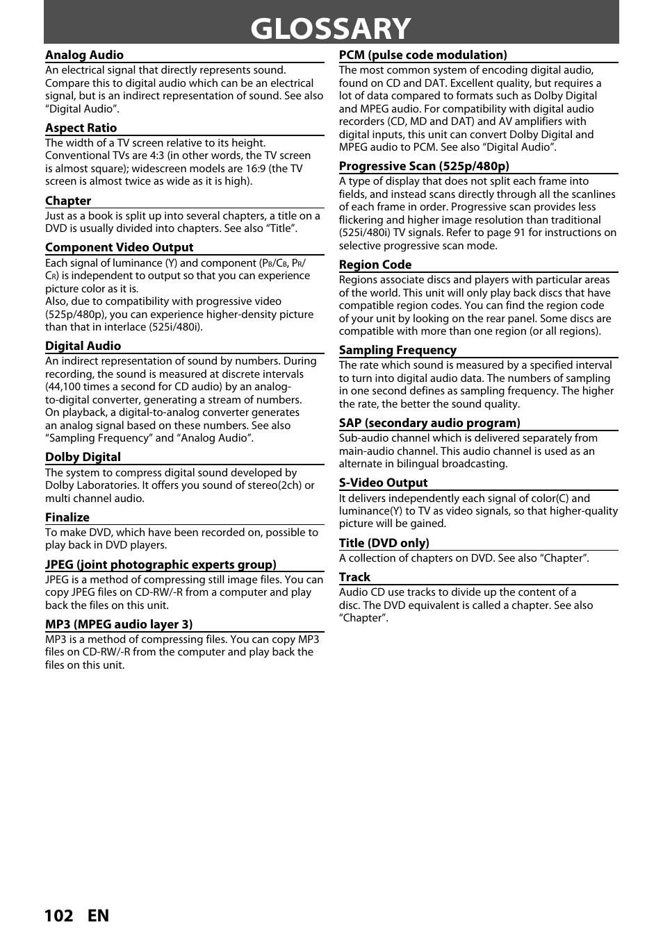 Glossary, 102 en | FUNAI ZV450TT8 User Manual | Page 102 / 108