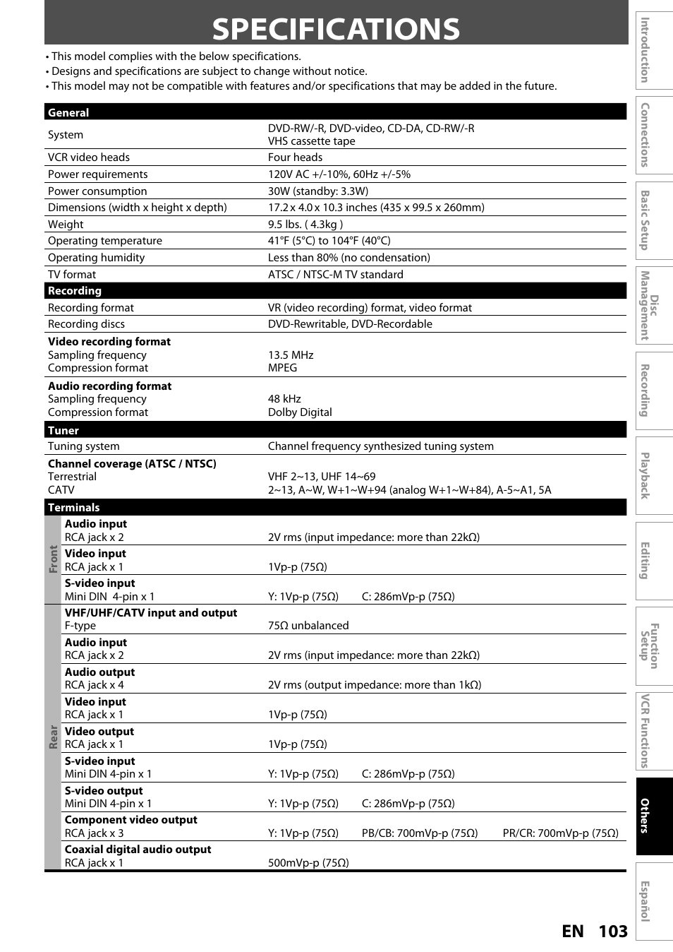 Specifications, 103 en | FUNAI ZV450TT8 User Manual | Page 103 / 108