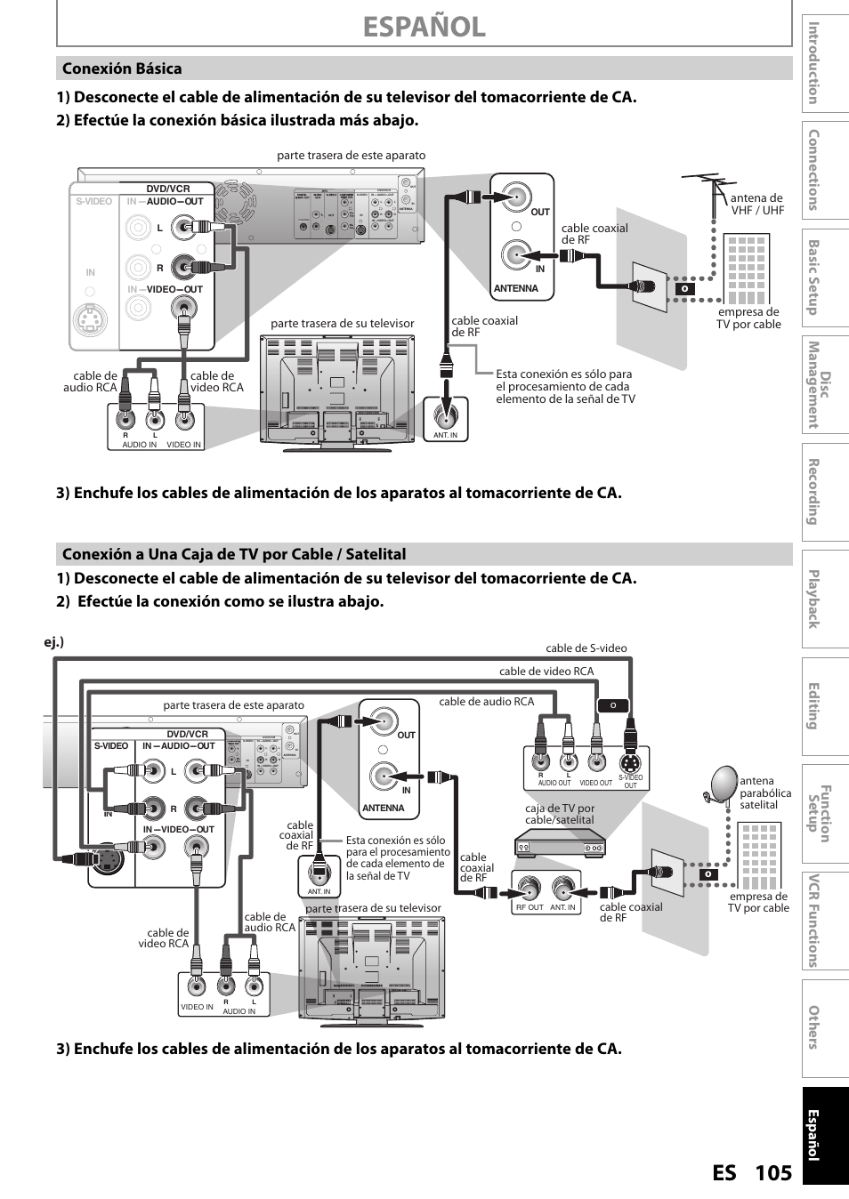 Español, 105 es, Ej.) | Cable coaxial de rf | FUNAI ZV450TT8 User Manual | Page 105 / 108