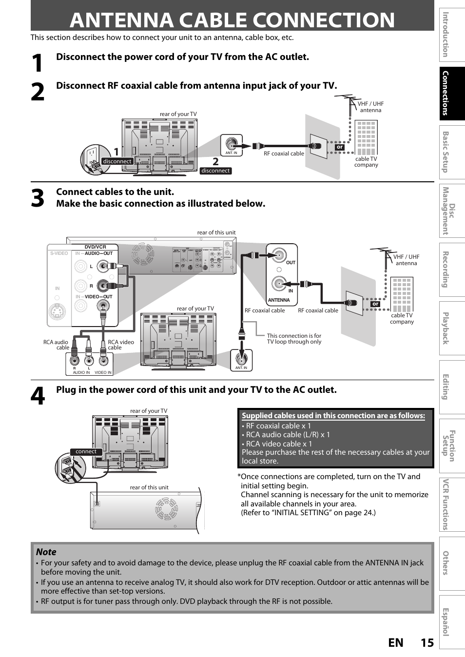 Antenna cable connection, 15 en | FUNAI ZV450TT8 User Manual | Page 15 / 108