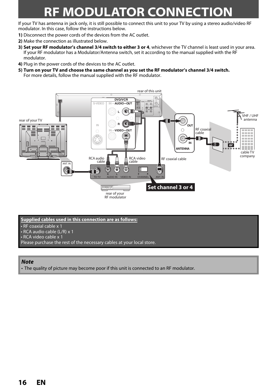Rf modulator connection, 16 en, Set channel 3 or 4 | Rear of your rf modulator, Rear of this unit | FUNAI ZV450TT8 User Manual | Page 16 / 108