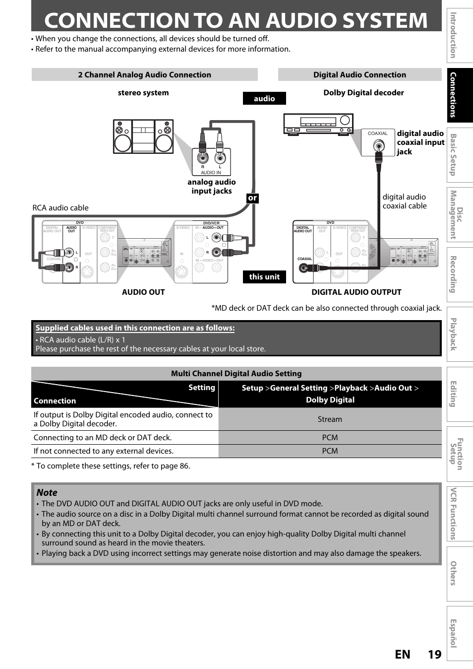 Connection to an audio system, 19 en | FUNAI ZV450TT8 User Manual | Page 19 / 108