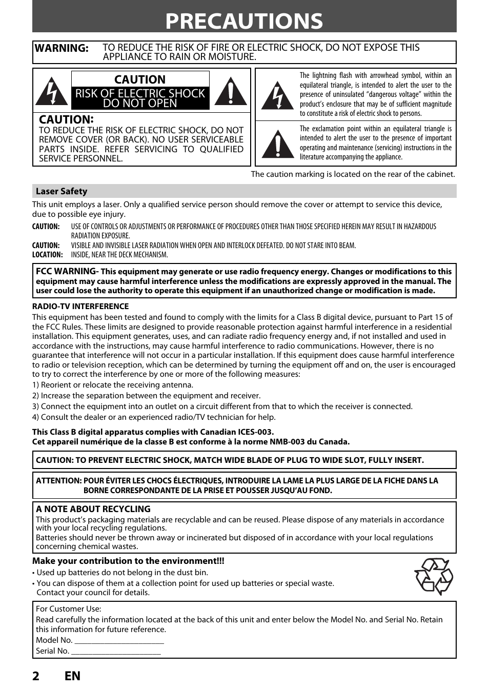 Precautions, Caution, Caution risk of electric shock do not open | FUNAI ZV450TT8 User Manual | Page 2 / 108