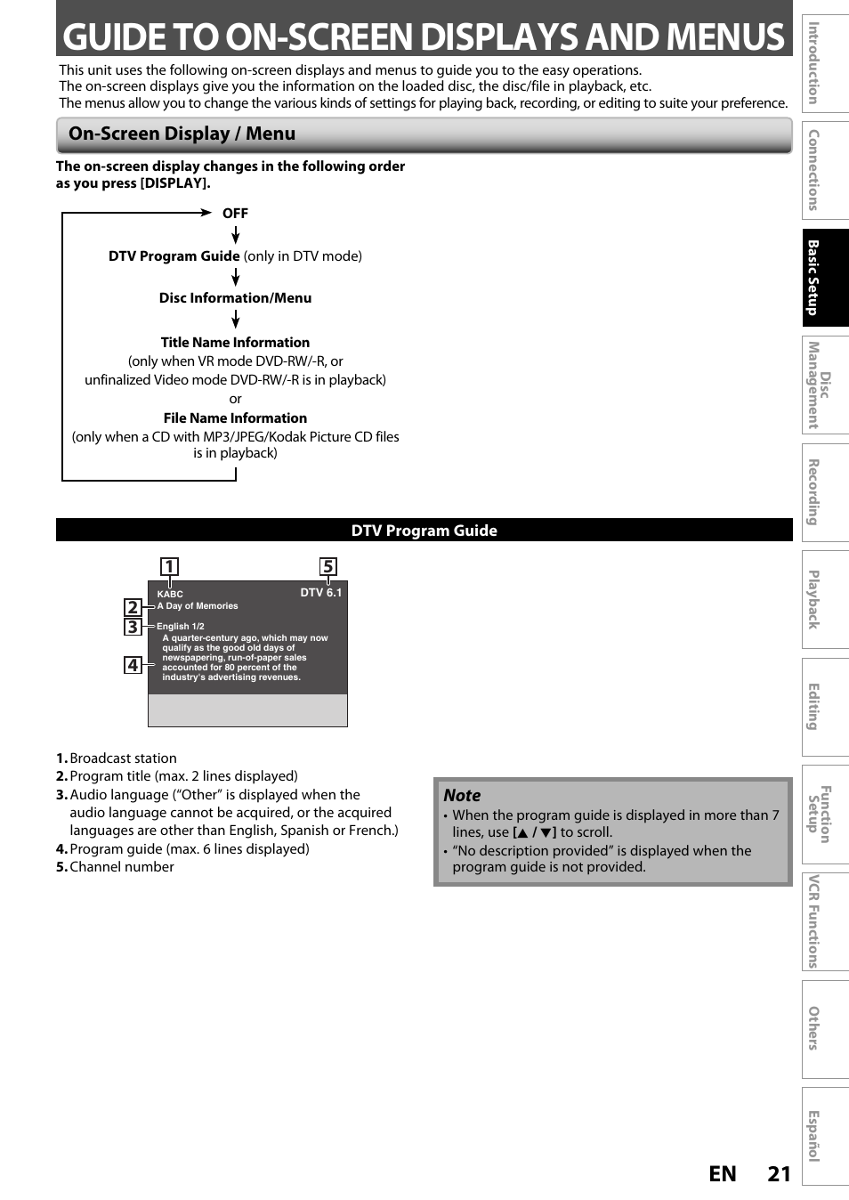 Guide to on-screen displays and menus, 21 en, On-screen display / menu | FUNAI ZV450TT8 User Manual | Page 21 / 108