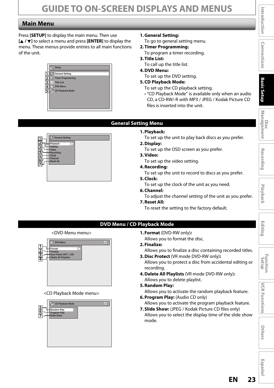 Guide to on-screen displays and menus, 23 en, Main menu | FUNAI ZV450TT8 User Manual | Page 23 / 108