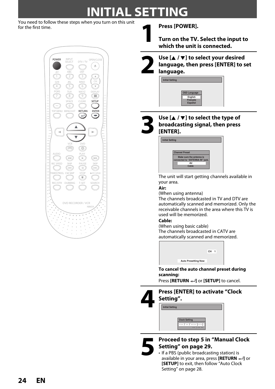 Initial setting, 24 en, Press [enter] to activate “clock setting | FUNAI ZV450TT8 User Manual | Page 24 / 108