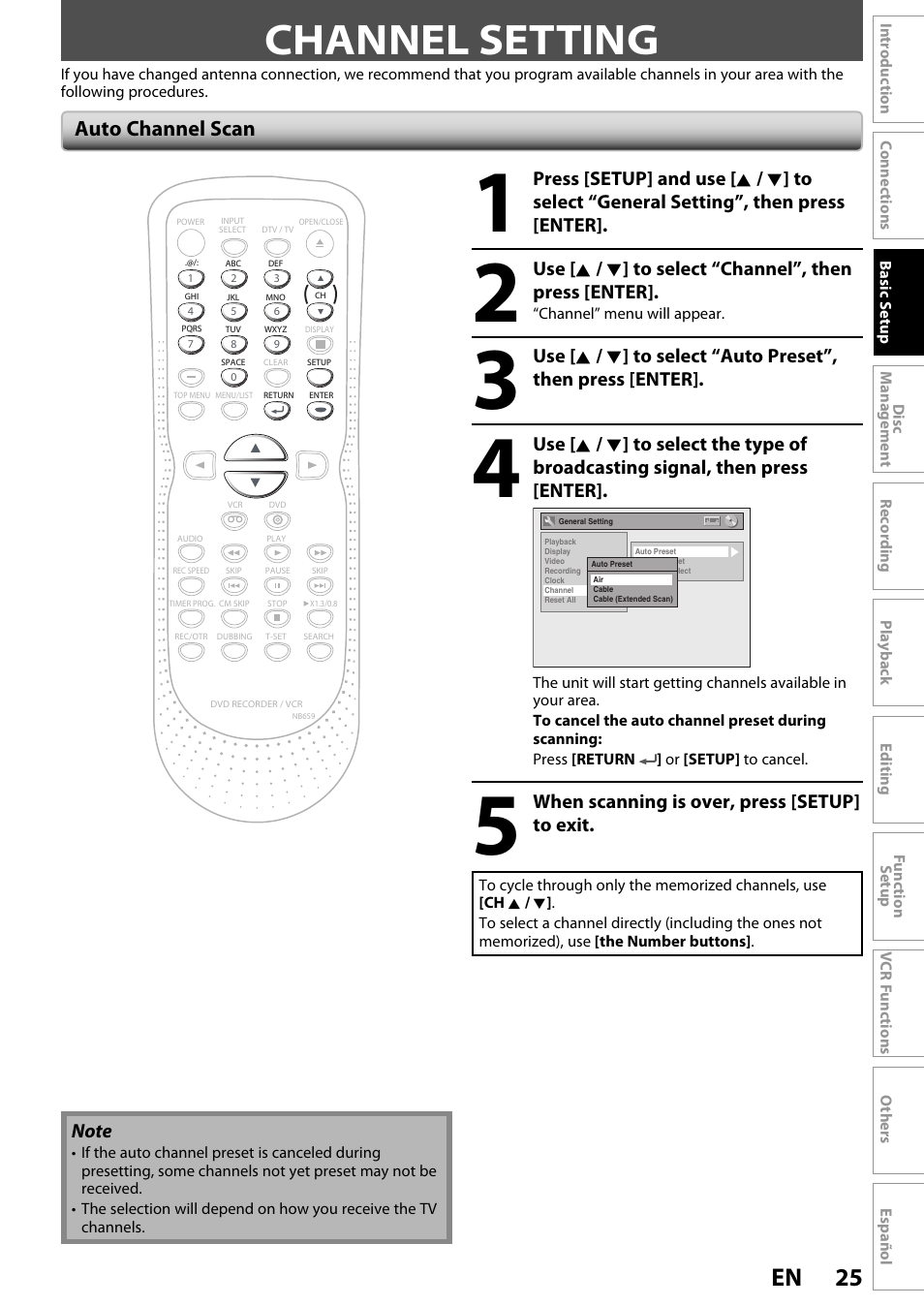 Channel setting, 25 en, Auto channel scan | When scanning is over, press [setup] to exit | FUNAI ZV450TT8 User Manual | Page 25 / 108