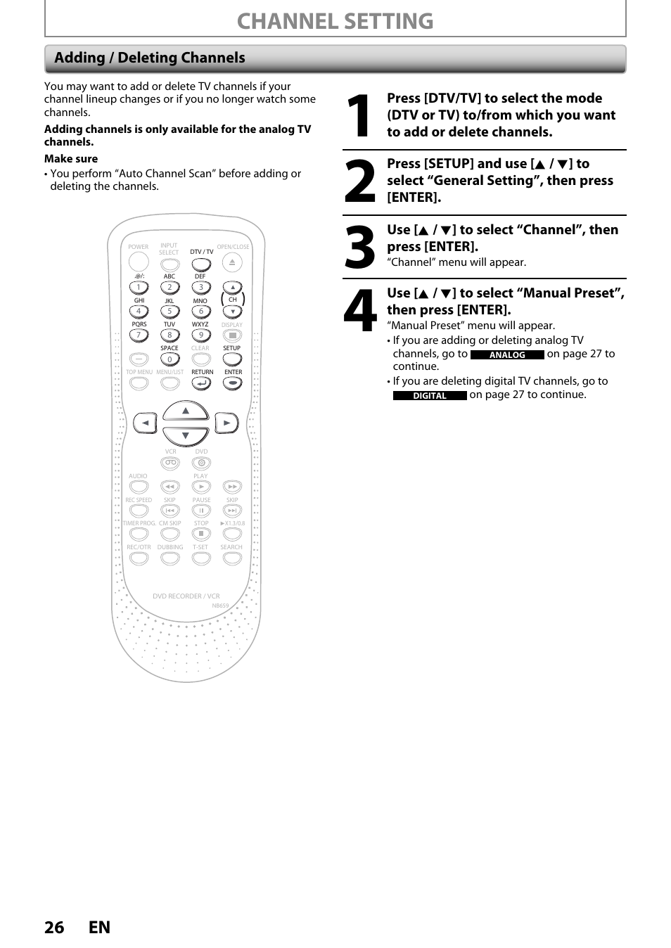 Channel setting, 26 en, Adding / deleting channels | FUNAI ZV450TT8 User Manual | Page 26 / 108