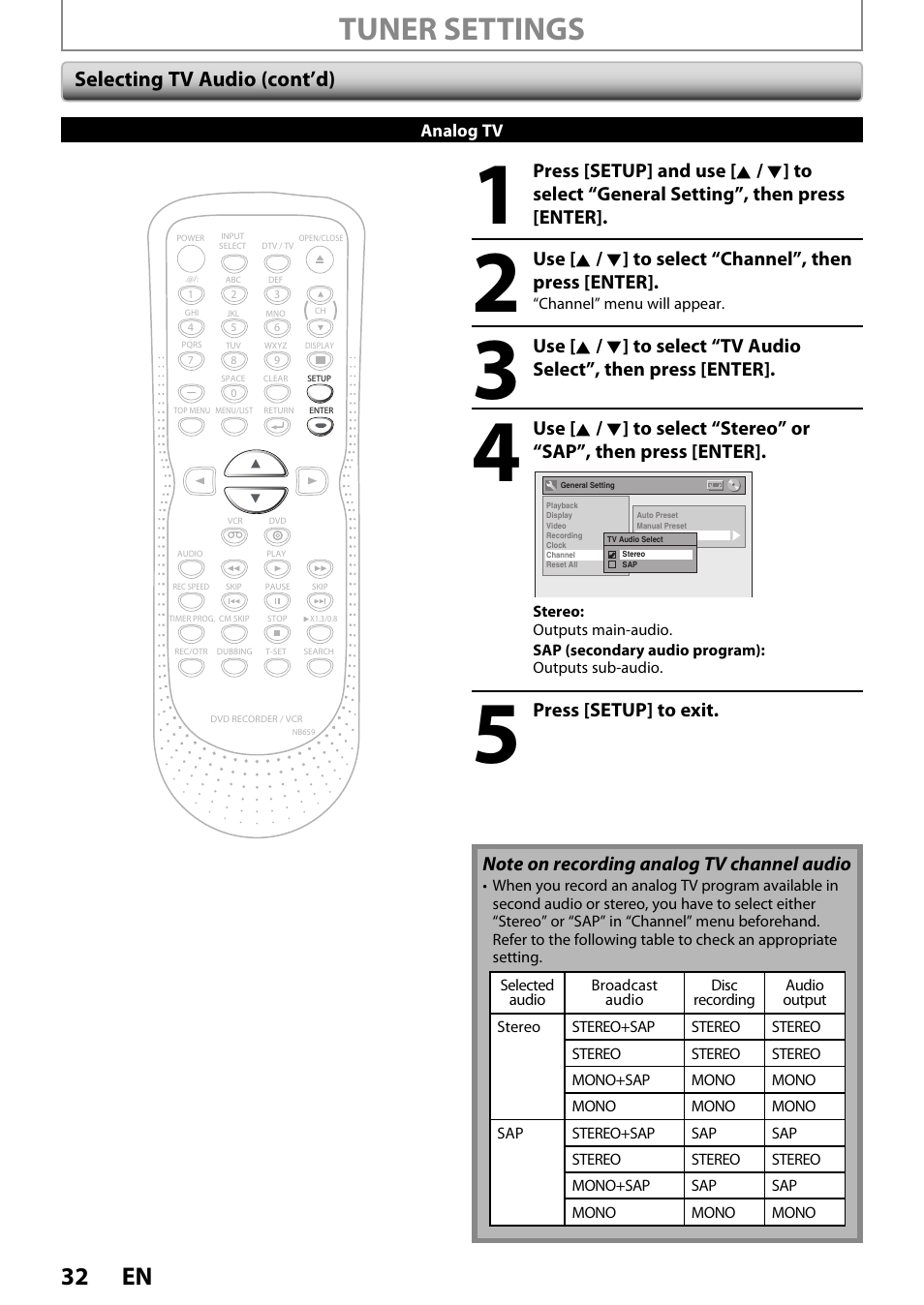 Tuner settings, 32 en, Selecting tv audio (cont’d) | FUNAI ZV450TT8 User Manual | Page 32 / 108