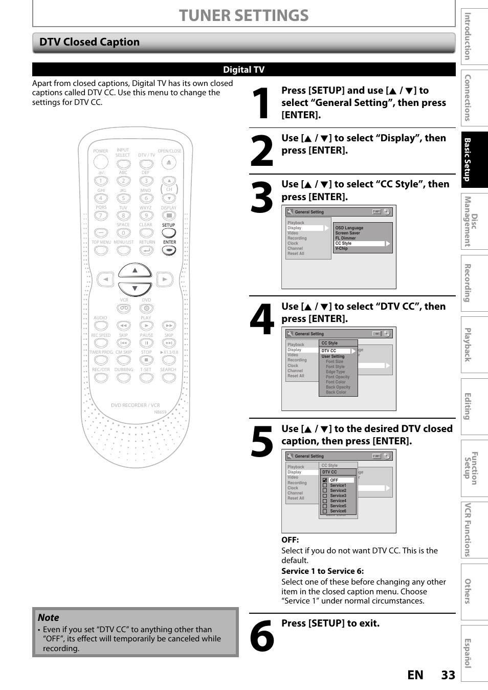 Tuner settings, 33 en, Dtv closed caption | Press [setup] to exit | FUNAI ZV450TT8 User Manual | Page 33 / 108