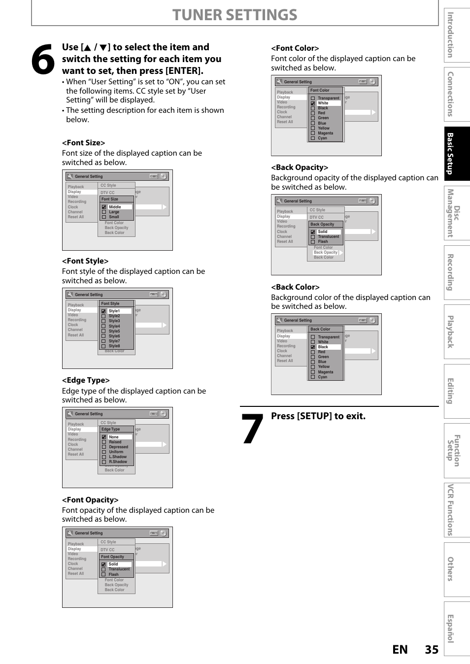 Tuner settings, 35 en, Press [setup] to exit | FUNAI ZV450TT8 User Manual | Page 35 / 108