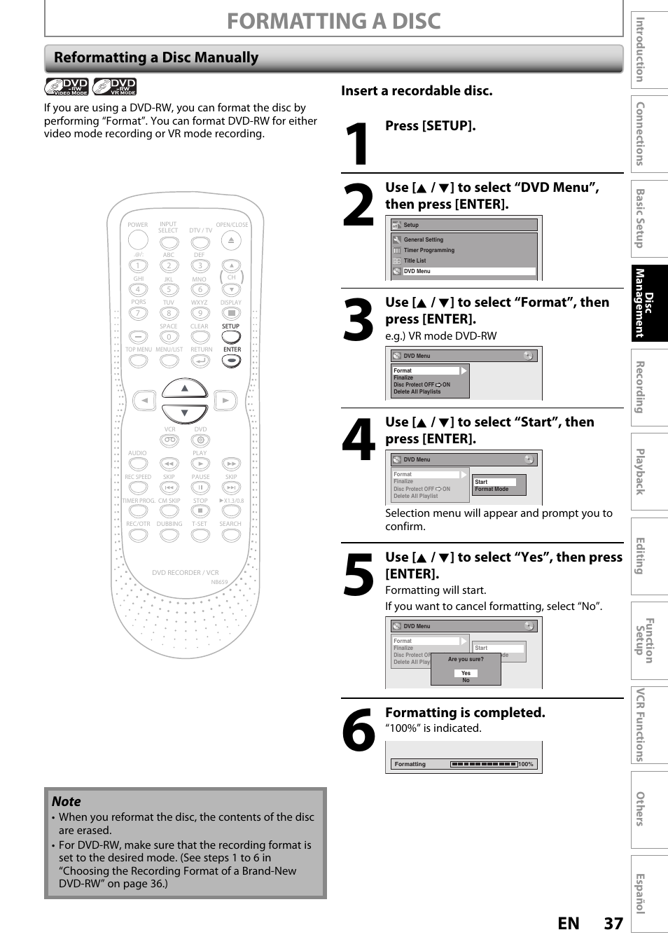 Formatting a disc, 37 en, Reformatting a disc manually | Insert a recordable disc, Press [setup, Use [ k / l ] to select “start”, then press [enter, Use [ k / l ] to select “yes”, then press [enter, Formatting is completed | FUNAI ZV450TT8 User Manual | Page 37 / 108
