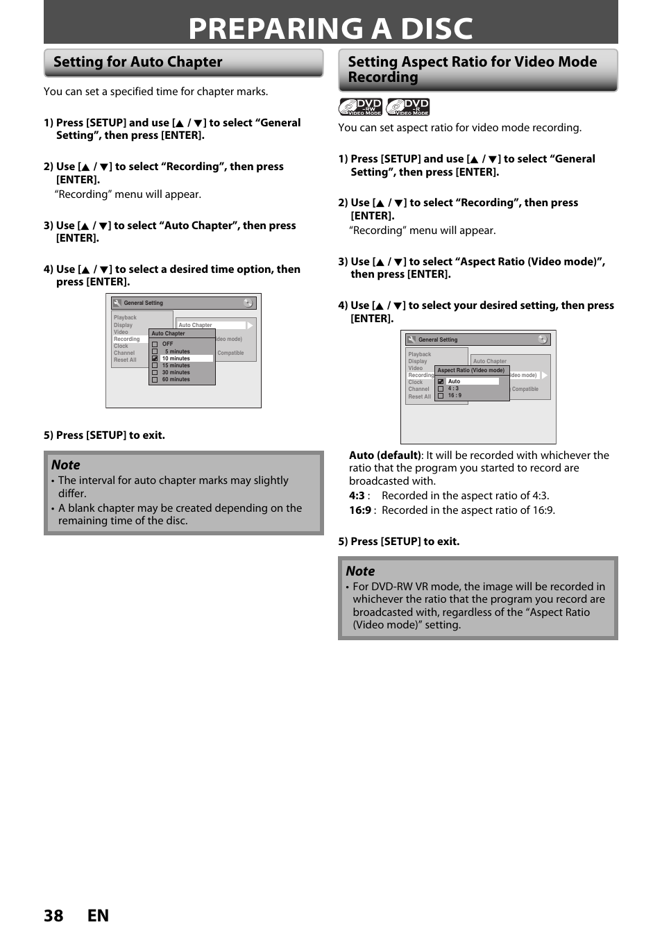 Preparing a disc, 38 en, Setting for auto chapter | Setting aspect ratio for video mode recording | FUNAI ZV450TT8 User Manual | Page 38 / 108