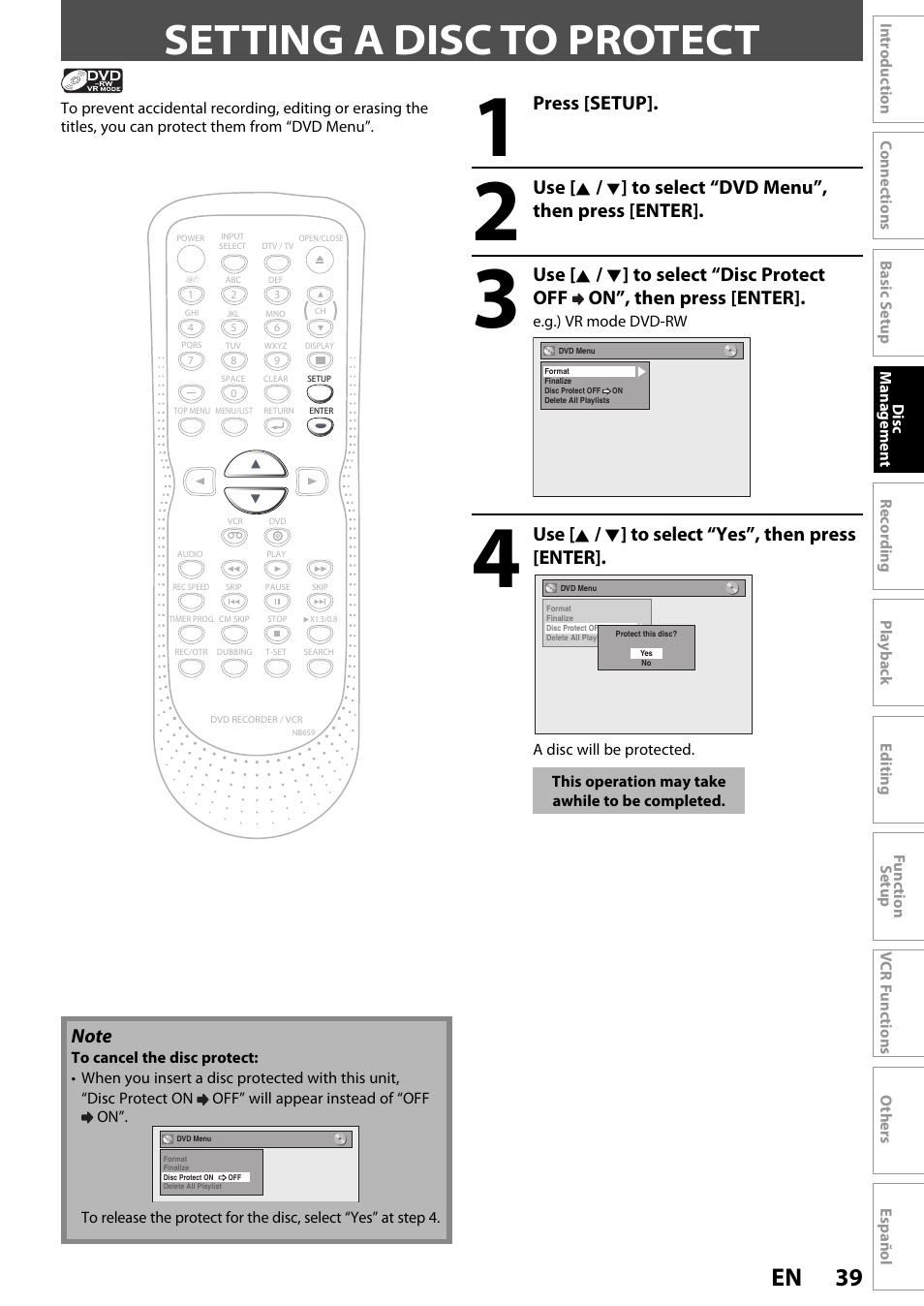 Setting a disc to protect, 39 en, Press [setup | Use [ k, Use [ k / l ] to select “yes”, then press [enter | FUNAI ZV450TT8 User Manual | Page 39 / 108