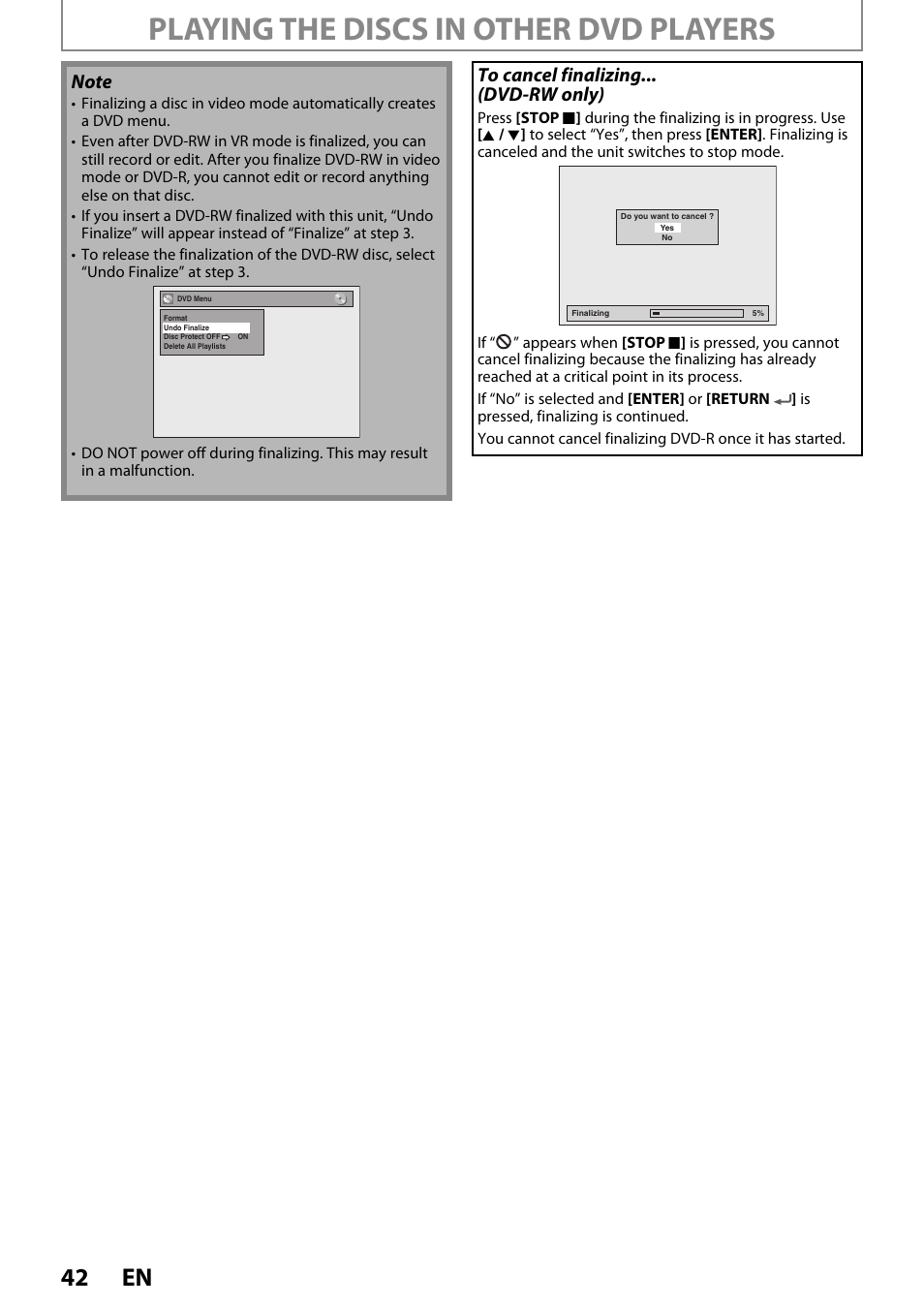 Playing the discs in other dvd players, 42 en | FUNAI ZV450TT8 User Manual | Page 42 / 108