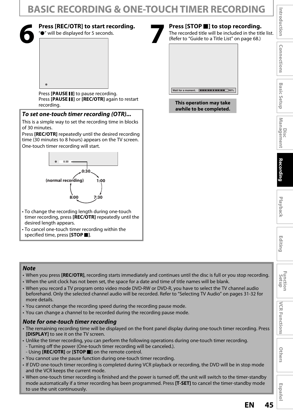 Basic recording & one-touch timer recording, 45 en | FUNAI ZV450TT8 User Manual | Page 45 / 108