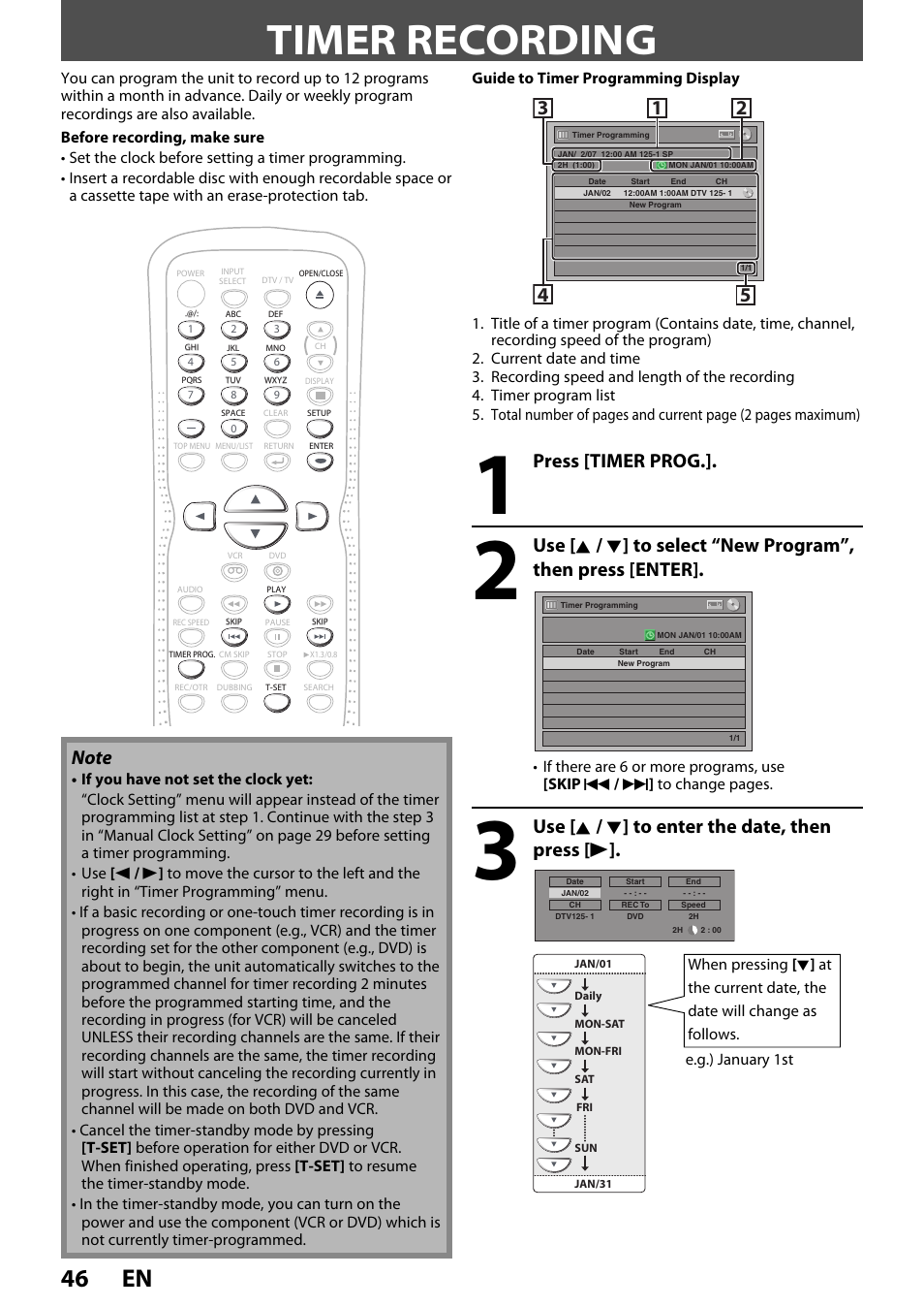 Timer recording, 46 en, Press [timer prog | Use [ k / l ] to enter the date, then press [ b | FUNAI ZV450TT8 User Manual | Page 46 / 108