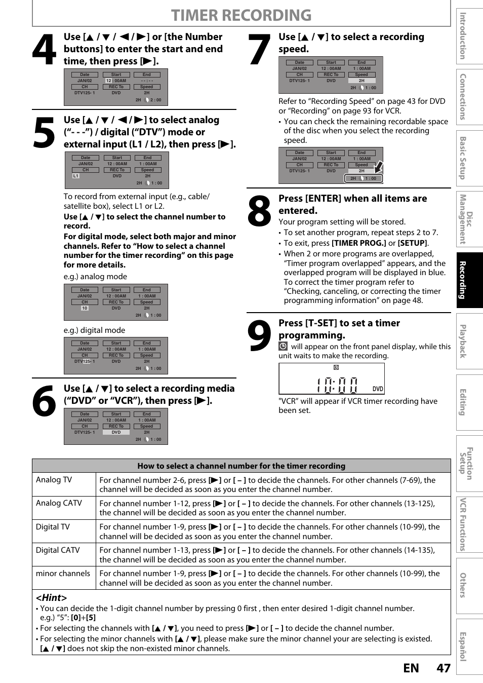 Timer recording, 47 en, Use [ k / l ] to select a recording speed | Press [enter] when all items are entered, Press [t-set] to set a timer programming, Hint | FUNAI ZV450TT8 User Manual | Page 47 / 108