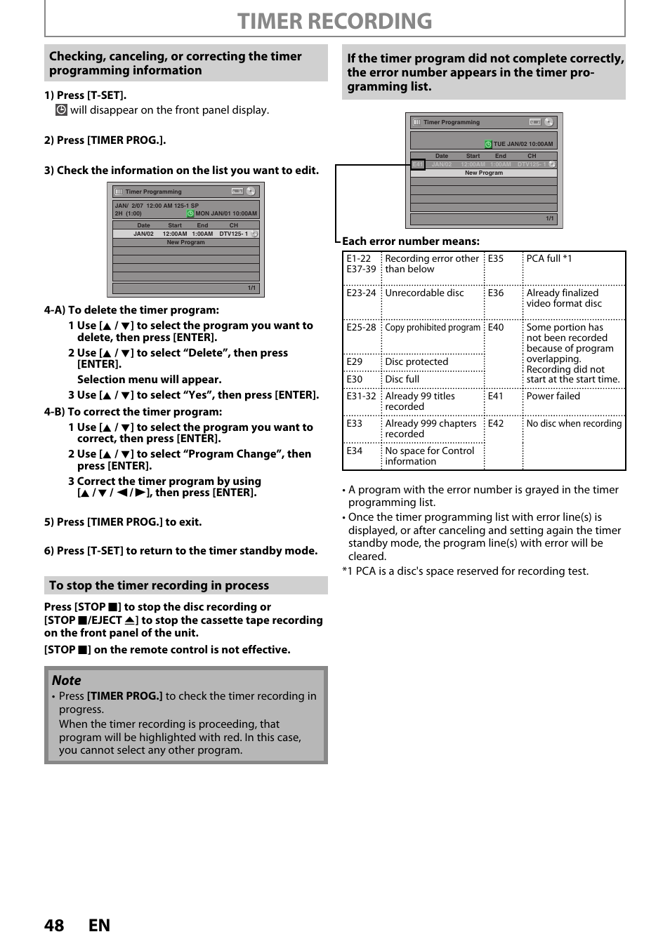 Timer recording, 48 en | FUNAI ZV450TT8 User Manual | Page 48 / 108