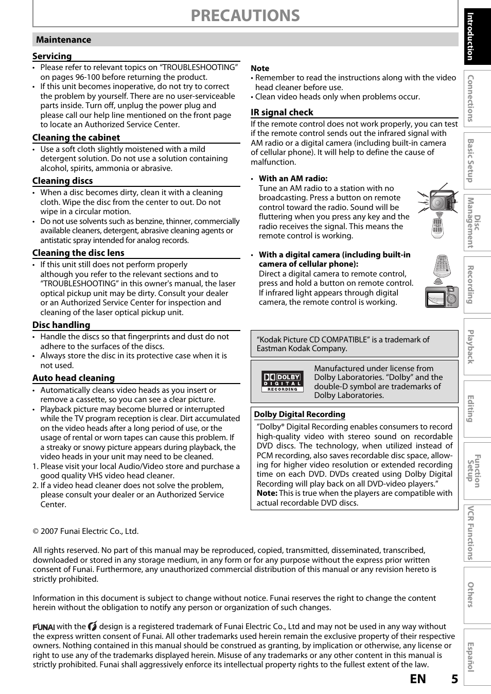 Precautions | FUNAI ZV450TT8 User Manual | Page 5 / 108