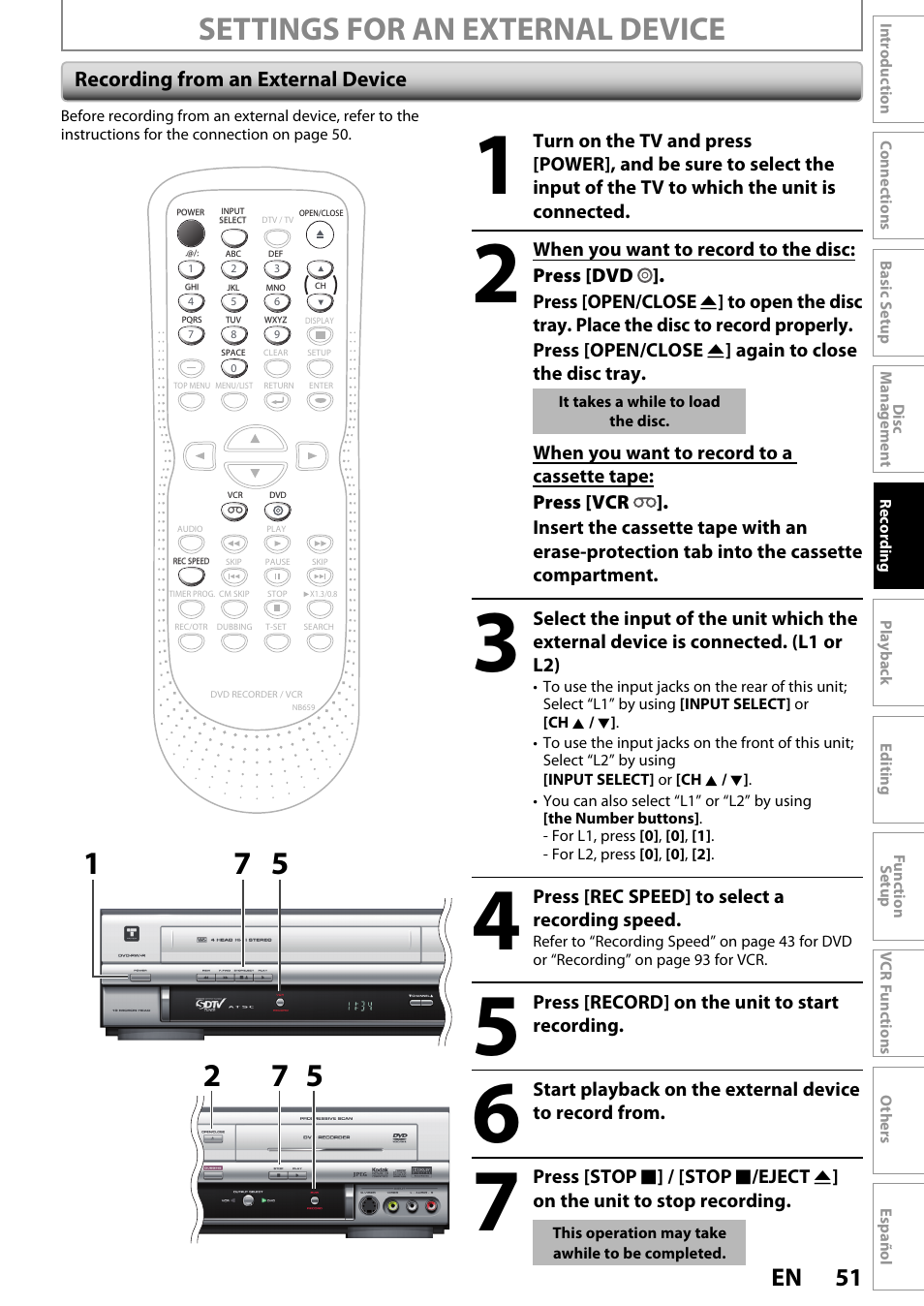 Settings for an external device, 51 en, Recording from an external device | FUNAI ZV450TT8 User Manual | Page 51 / 108