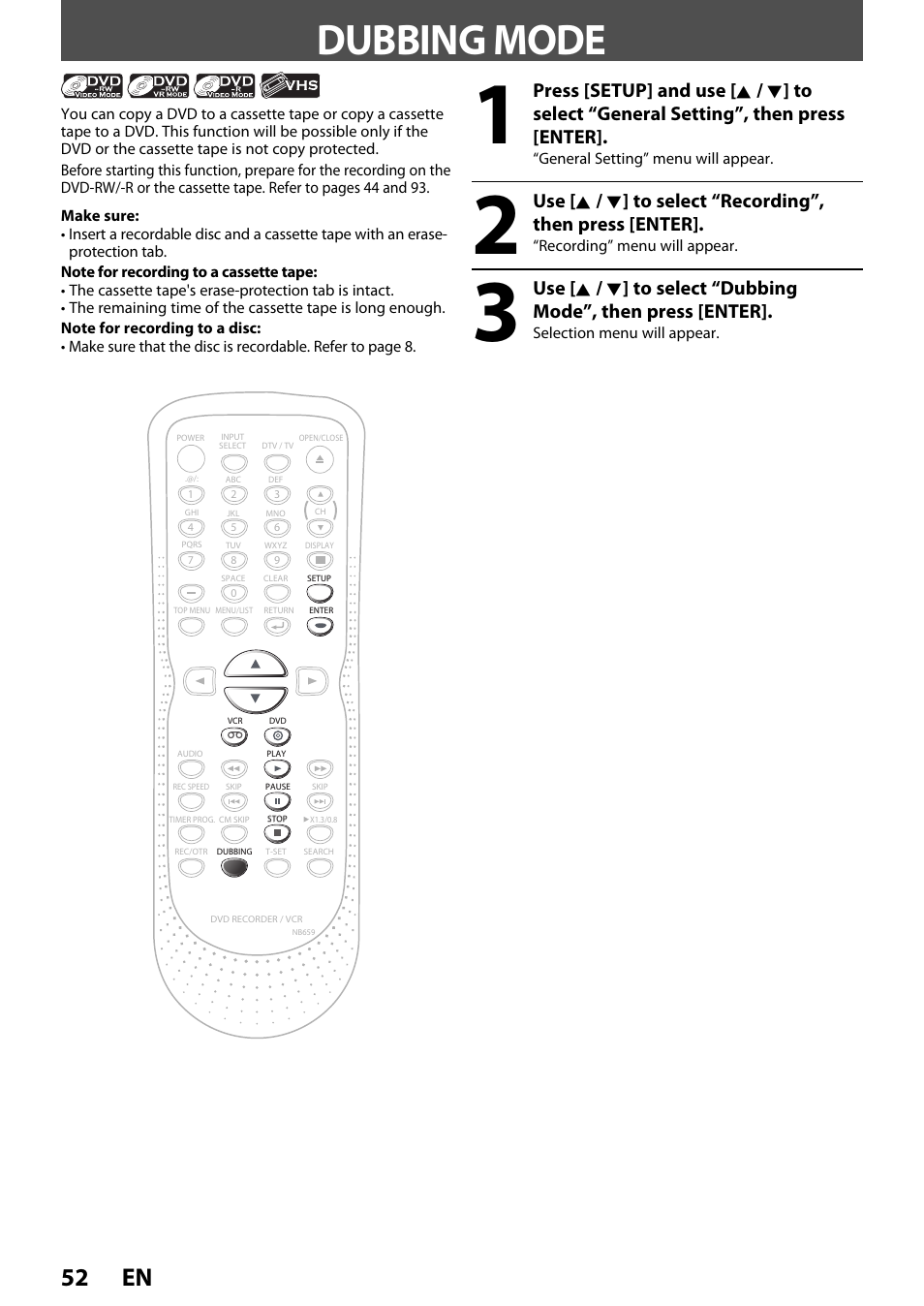 Dubbing mode, 52 en | FUNAI ZV450TT8 User Manual | Page 52 / 108